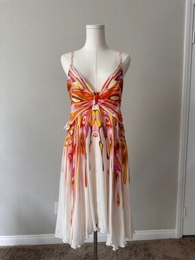 Byblos White Silk Midi Dress with Pink and Orange Butterfly Print